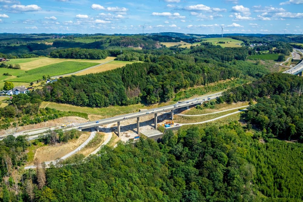 Hagen from above - Construction site for the rehabilitation and repair of the motorway bridge construction Talbruecke Kattenohl of motorway BAB A45 in the district Dahl in Hagen in the state North Rhine-Westphalia, Germany