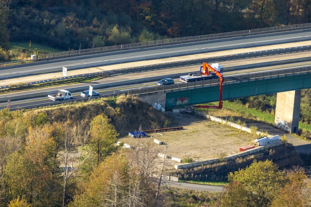 Hagen from above - Construction site for the rehabilitation and repair of the motorway bridge construction Talbruecke Kattenohl of motorway BAB A45 in Hagen at Ruhrgebiet in the state North Rhine-Westphalia, Germany