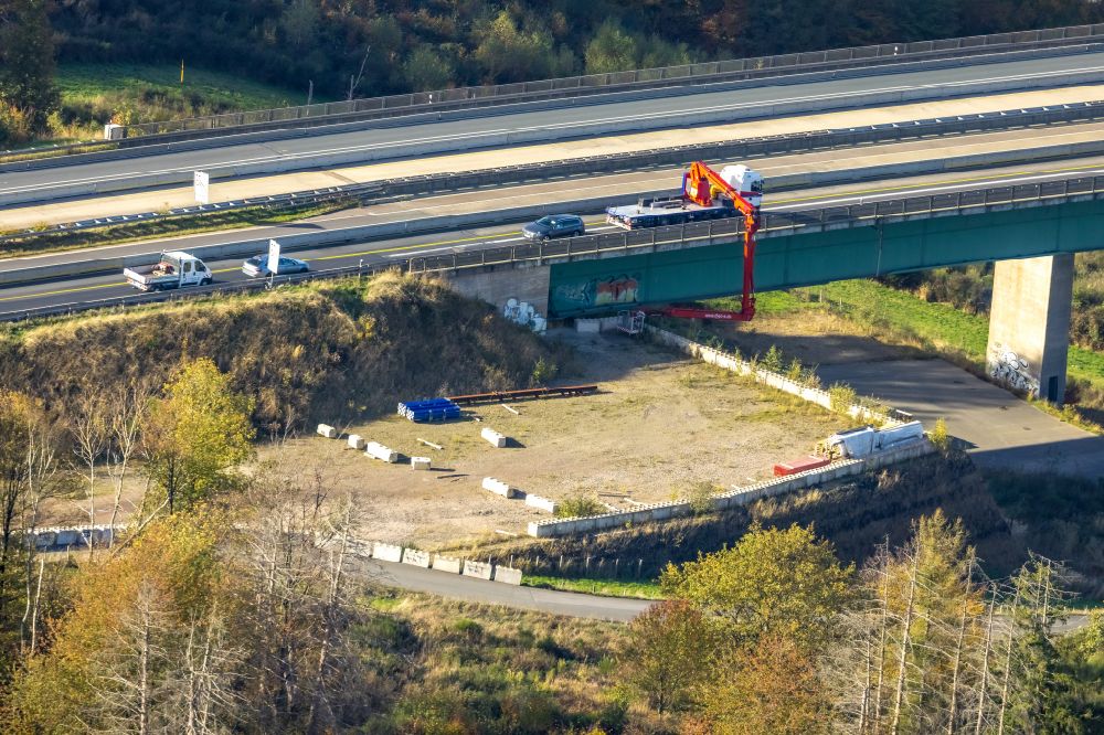 Hagen from the bird's eye view: Construction site for the rehabilitation and repair of the motorway bridge construction Talbruecke Kattenohl of motorway BAB A45 in Hagen at Ruhrgebiet in the state North Rhine-Westphalia, Germany