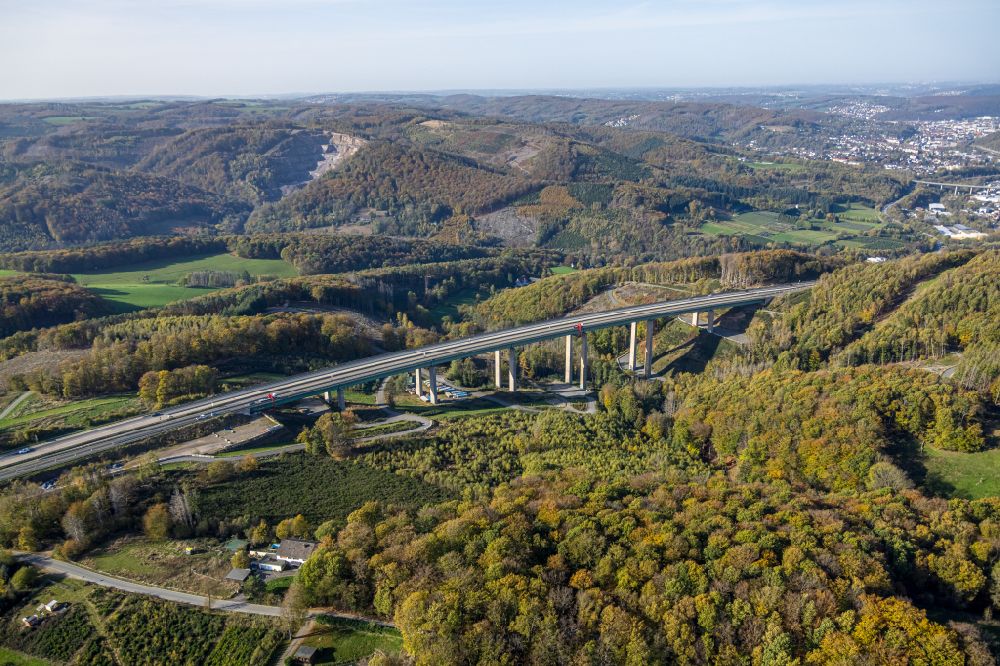 Hagen from the bird's eye view: Construction site for the rehabilitation and repair of the motorway bridge construction Talbruecke Kattenohl of motorway BAB A45 in Hagen at Ruhrgebiet in the state North Rhine-Westphalia, Germany