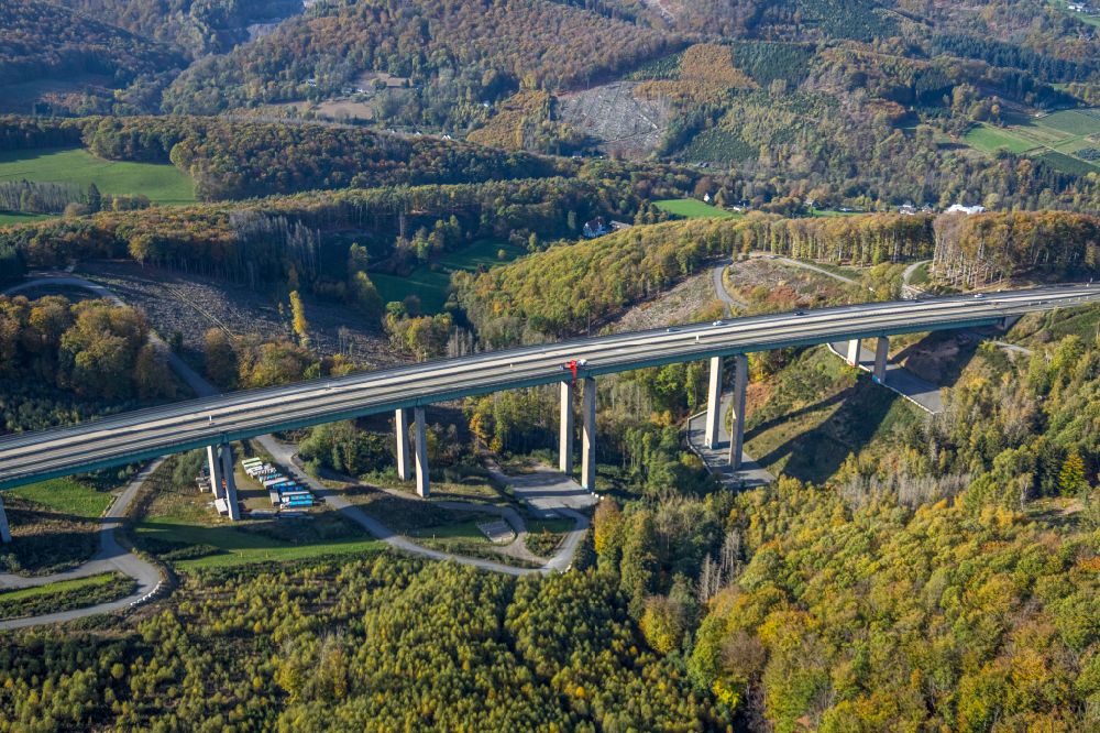 Aerial image Hagen - Construction site for the rehabilitation and repair of the motorway bridge construction Talbruecke Kattenohl of motorway BAB A45 in Hagen at Ruhrgebiet in the state North Rhine-Westphalia, Germany