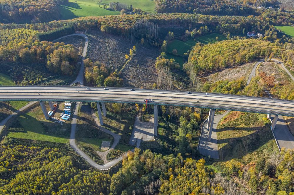 Aerial photograph Hagen - Construction site for the rehabilitation and repair of the motorway bridge construction Talbruecke Kattenohl of motorway BAB A45 in Hagen at Ruhrgebiet in the state North Rhine-Westphalia, Germany