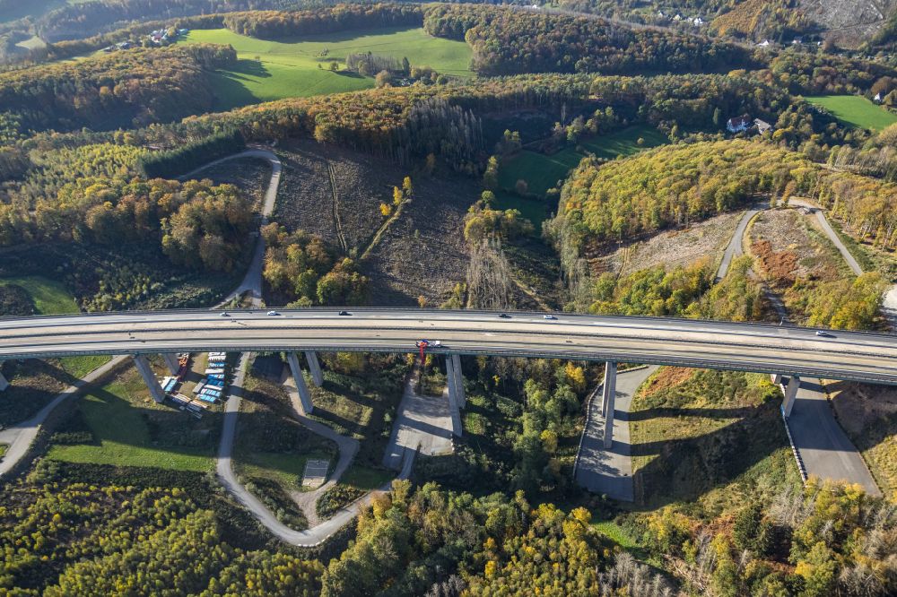 Hagen from above - Construction site for the rehabilitation and repair of the motorway bridge construction Talbruecke Kattenohl of motorway BAB A45 in Hagen at Ruhrgebiet in the state North Rhine-Westphalia, Germany