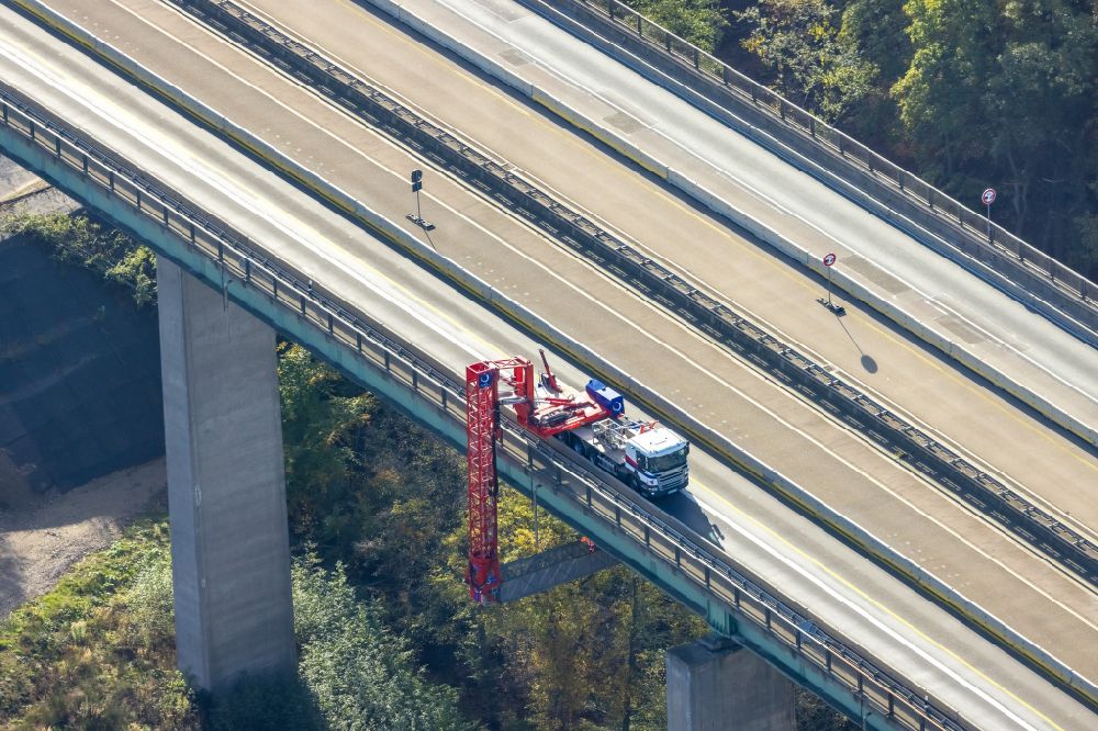 Aerial photograph Hagen - Construction site for the rehabilitation and repair of the motorway bridge construction Talbruecke Kattenohl of motorway BAB A45 in Hagen at Ruhrgebiet in the state North Rhine-Westphalia, Germany