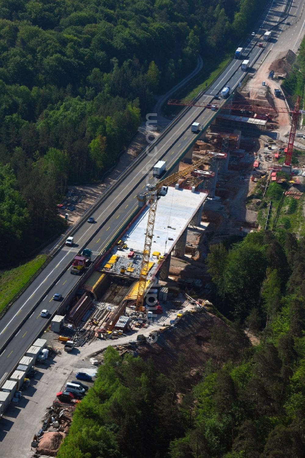 Burghaun from above - Construction site for the rehabilitation and repair of the motorway bridge construction Talbruecke Langenschwarz of BAB E45 - A7 in the district Grossenmoor in Burghaun in the state Hesse, Germany
