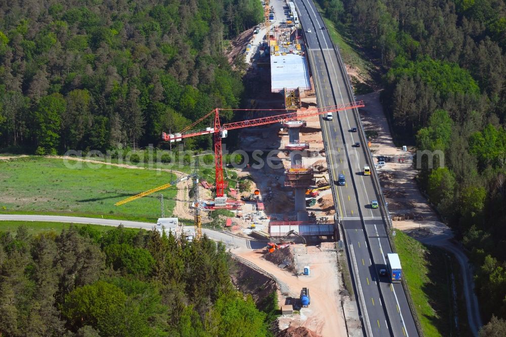 Aerial photograph Burghaun - Construction site for the rehabilitation and repair of the motorway bridge construction Talbruecke Langenschwarz of BAB E45 - A7 in the district Grossenmoor in Burghaun in the state Hesse, Germany