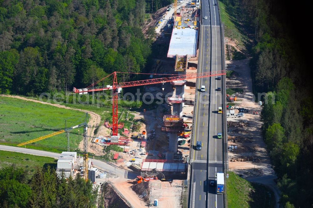 Burghaun from above - Construction site for the rehabilitation and repair of the motorway bridge construction Talbruecke Langenschwarz of BAB E45 - A7 in the district Grossenmoor in Burghaun in the state Hesse, Germany