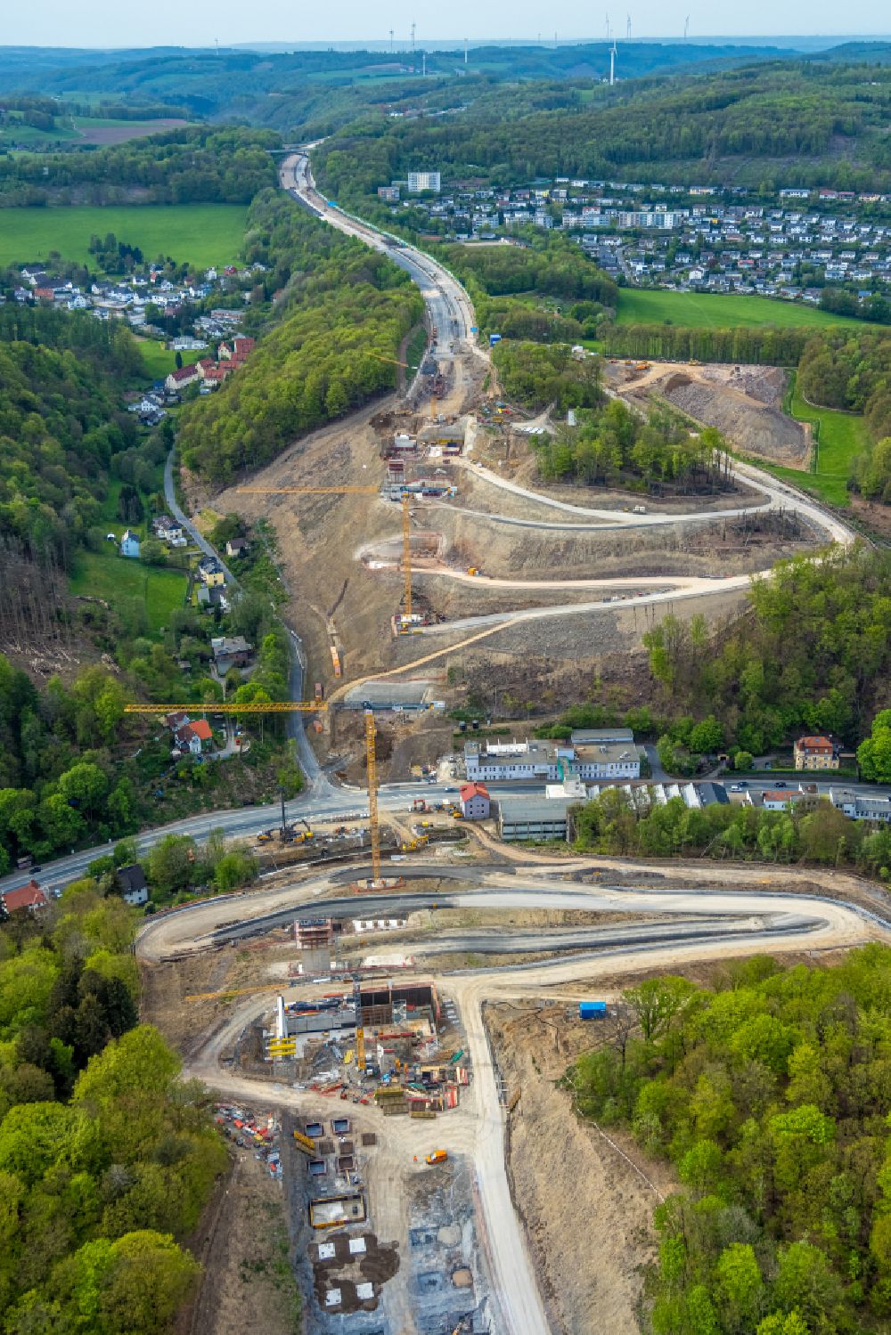 Aerial photograph Oberrahmede - Construction site for the rehabilitation and repair of the motorway bridge construction Talbruecke Rahmede on street Altenaer Strasse on street BAB A49 in Oberrahmede at Sauerland in the state North Rhine-Westphalia, Germany