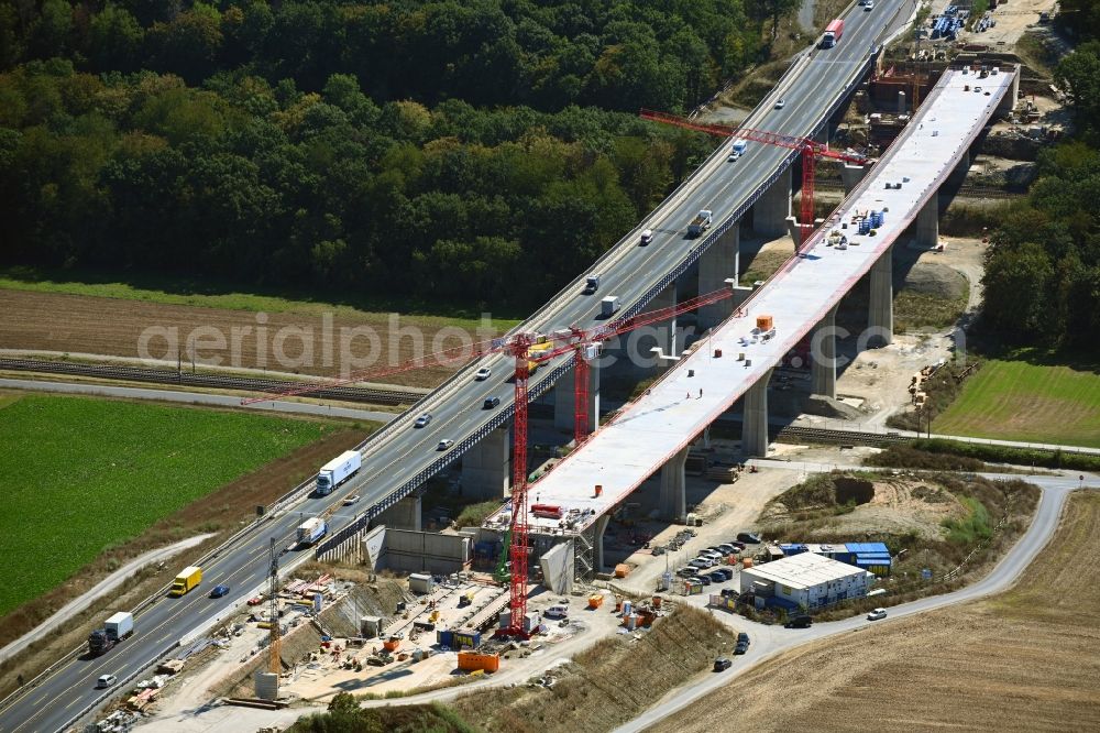 Rottendorf from above - Construction site for the rehabilitation and repair of the motorway bridge construction of the viaduct Rothof along the BAB A7 in Rottendorf in the state Bavaria, Germany