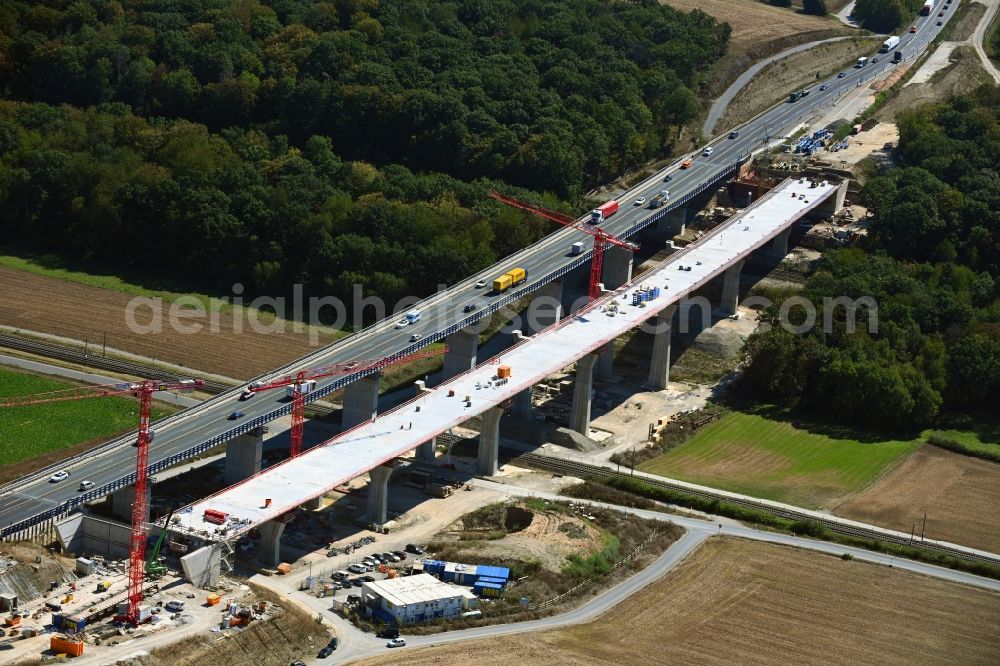 Aerial image Rottendorf - Construction site for the rehabilitation and repair of the motorway bridge construction of the viaduct Rothof along the BAB A7 in Rottendorf in the state Bavaria, Germany