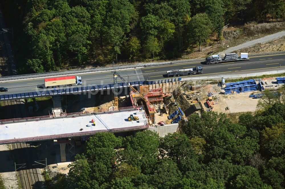 Rottendorf from the bird's eye view: Construction site for the rehabilitation and repair of the motorway bridge construction of the viaduct Rothof along the BAB A7 in Rottendorf in the state Bavaria, Germany
