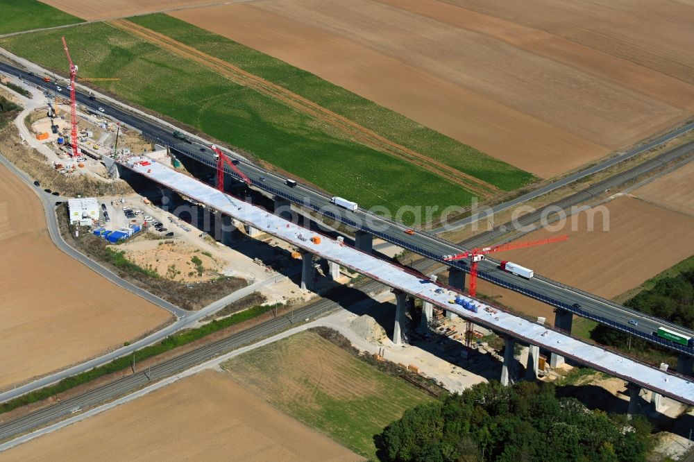 Aerial image Rottendorf - Construction site for the rehabilitation and repair of the motorway bridge construction of the viaduct Rothof along the BAB A7 in Rottendorf in the state Bavaria, Germany