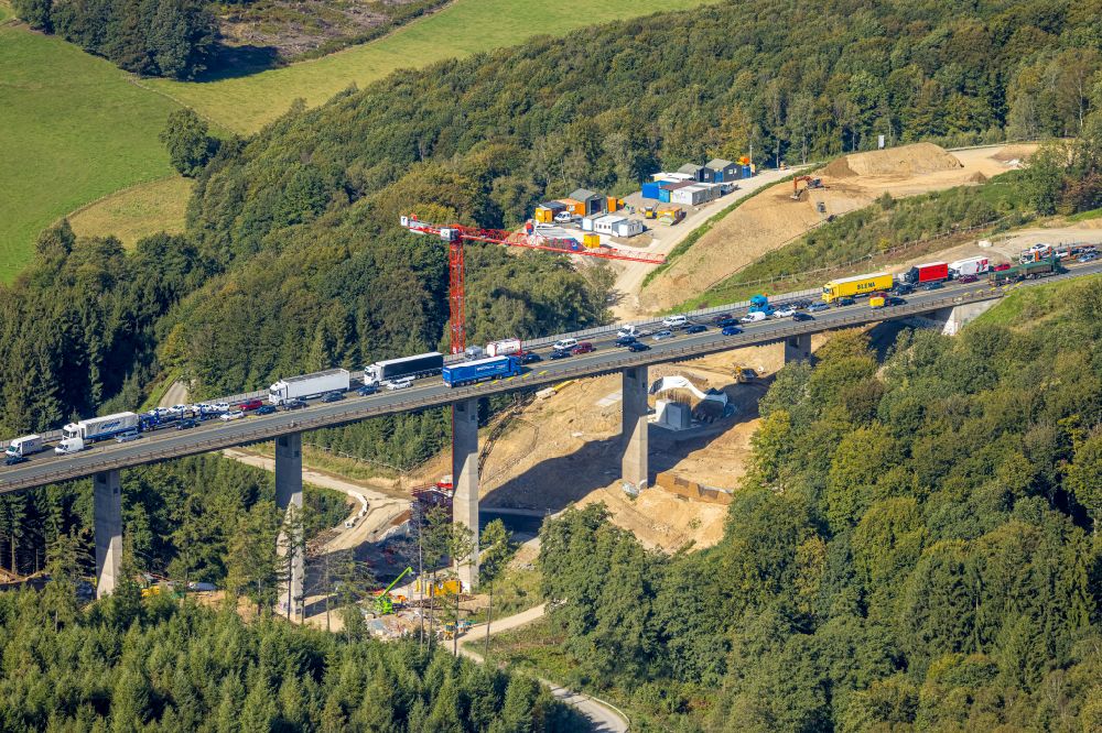 Sterbecke from above - Construction site for the rehabilitation and repair of the motorway bridge construction Talbruecke Sterbecke in Sterbecke in the state North Rhine-Westphalia, Germany
