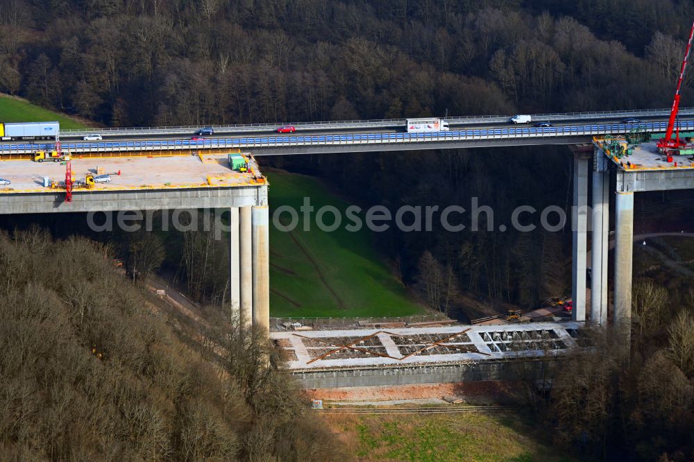 Oberthulba from the bird's eye view: Construction site for the renovation, renewal and repair of the motorway bridge structure Thulbabruecke of the BAB A7 in Oberthulba in the state Bavaria, Germany