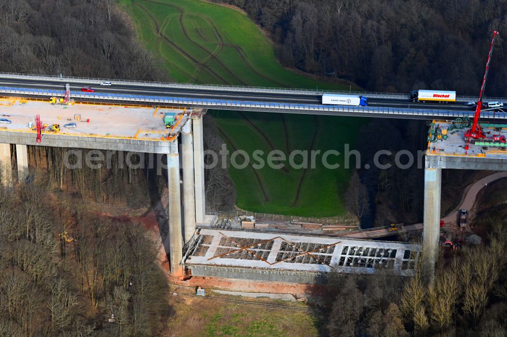 Aerial image Oberthulba - Construction site for the renovation, renewal and repair of the motorway bridge structure Thulbabruecke of the BAB A7 in Oberthulba in the state Bavaria, Germany