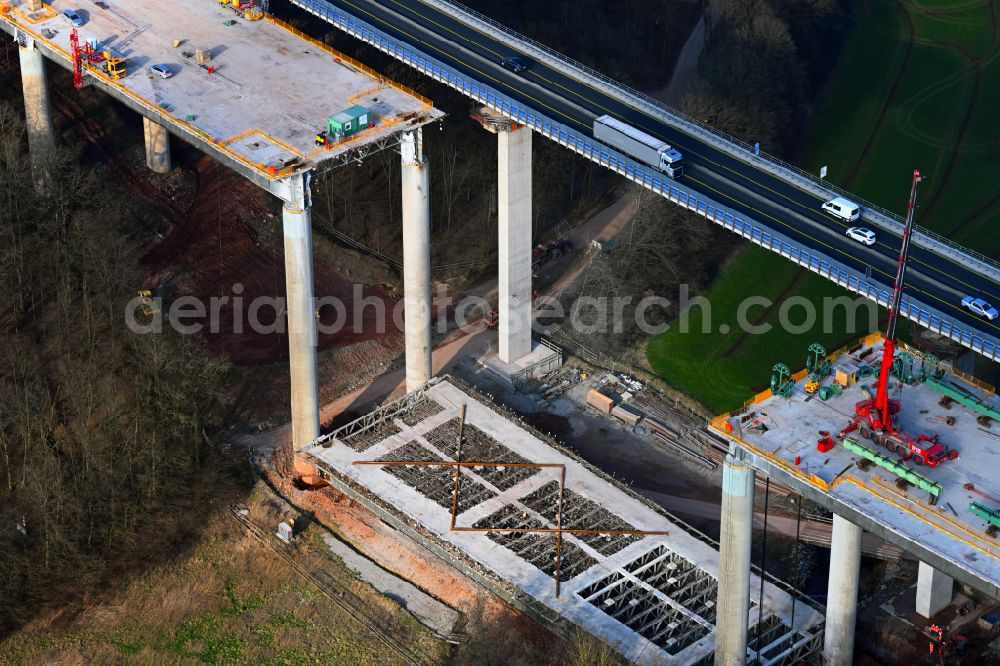 Aerial photograph Oberthulba - Construction site for the renovation, renewal and repair of the motorway bridge structure Thulbabruecke of the BAB A7 in Oberthulba in the state Bavaria, Germany