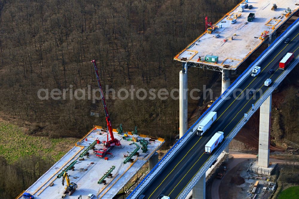 Aerial photograph Oberthulba - Construction site for the renovation, renewal and repair of the motorway bridge structure Thulbabruecke of the BAB A7 in Oberthulba in the state Bavaria, Germany