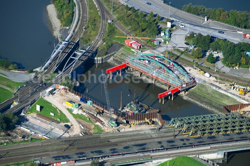 Aerial image Hamburg - Construction site for the rehabilitation and repair of the bridge construction Veddelkanalbruecke An of Mueggenburger Durchfahrt in the district Kleiner Grasbrook in Hamburg, Germany