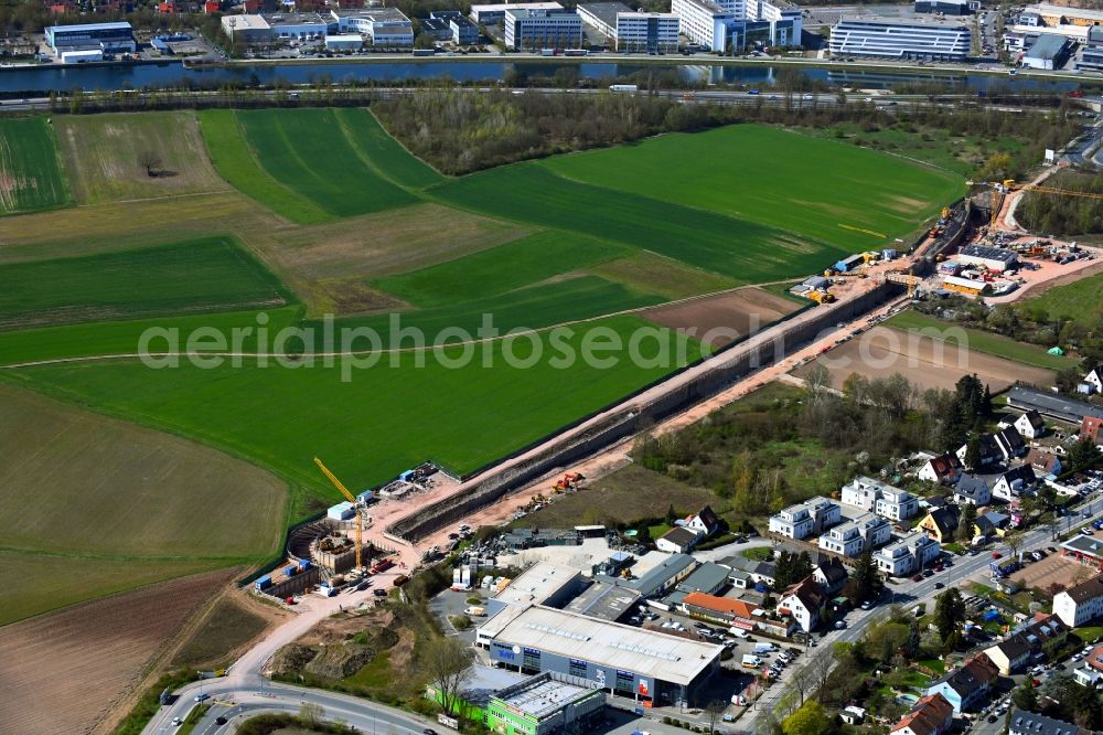 Aerial photograph Nürnberg - Construction site for new train- tunnel construction of the andergroand metro line in the district Hoefen in Nuremberg in the state Bavaria, Germany