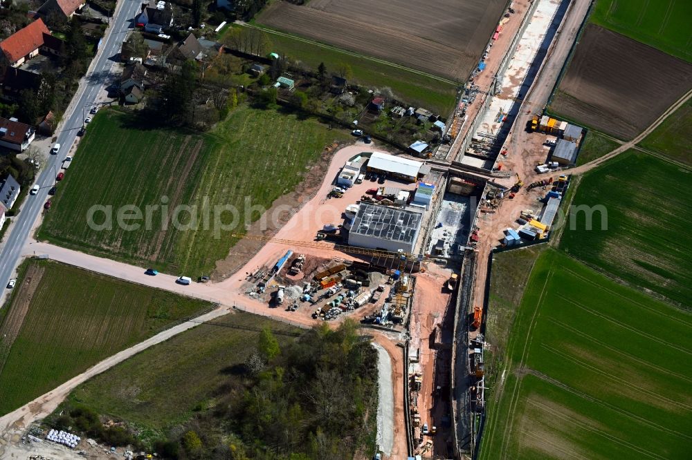 Nürnberg from above - Construction site for new train- tunnel construction of the andergroand metro line in the district Hoefen in Nuremberg in the state Bavaria, Germany