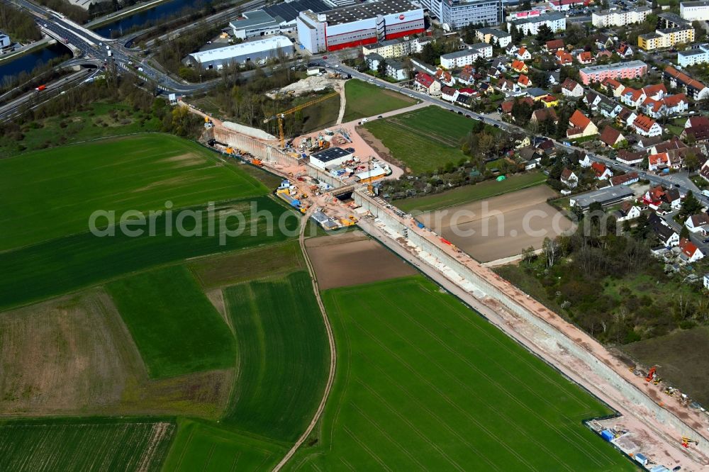 Nürnberg from the bird's eye view: Construction site for new train- tunnel construction of the andergroand metro line in the district Hoefen in Nuremberg in the state Bavaria, Germany