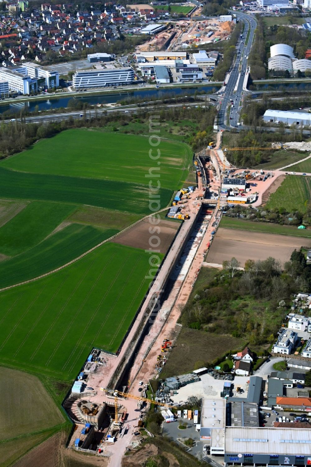 Aerial image Nürnberg - Construction site for new train- tunnel construction of the andergroand metro line in the district Hoefen in Nuremberg in the state Bavaria, Germany