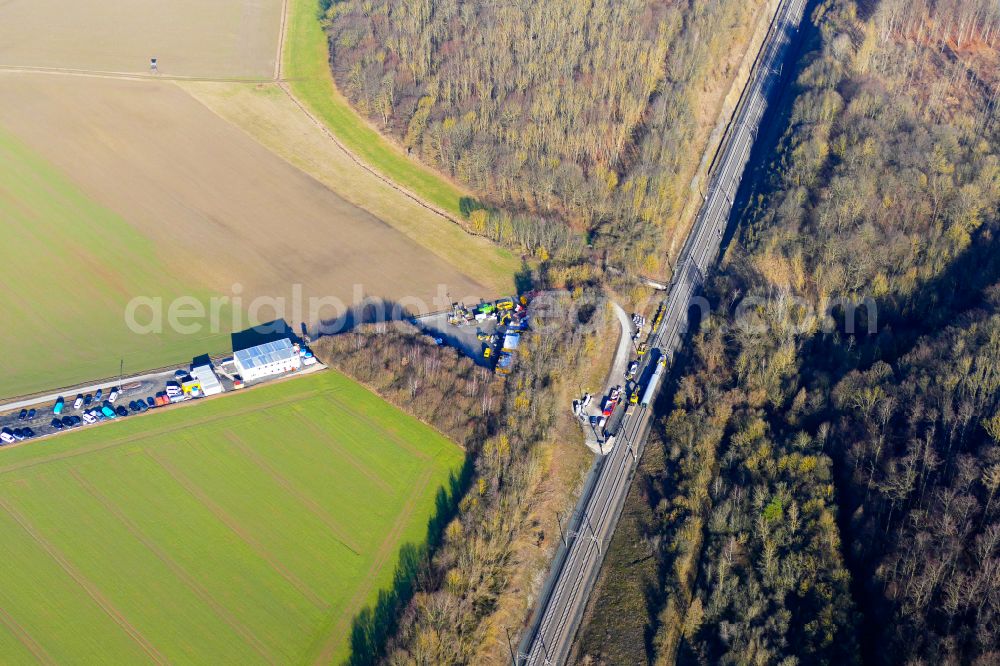 Scheden from above - Construction site for new train- tunnel construction Rauhebergtunnel in Scheden in the state Lower Saxony, Germany