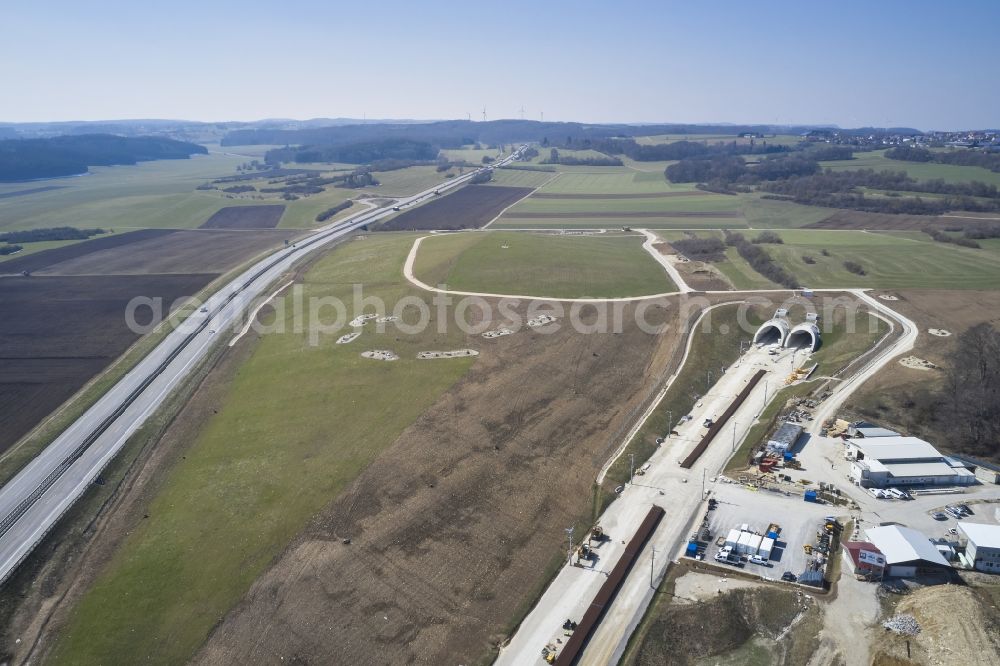 Aerial photograph Hohenstadt - Construction site for new train- tunnel construction Steinbuehltunnel, Ostportal in Hohenstadt in the state Baden-Wuerttemberg, Germany