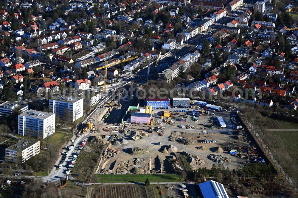 München from above - Construction site for the new railway tunnel for the extension of the subway line U5 on Mitterfeldstrasse - Gotthardstrasse in the district of Pasing in Munich in the state Bavaria, Germany