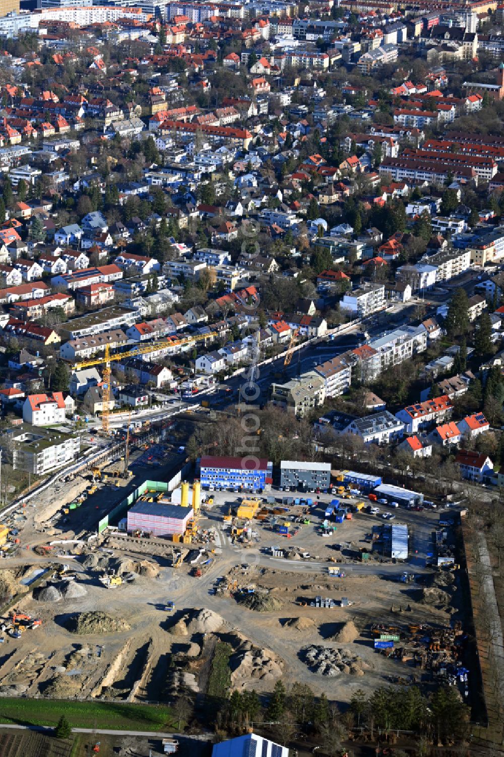 München from the bird's eye view: Construction site for the new railway tunnel for the extension of the subway line U5 on Mitterfeldstrasse - Gotthardstrasse in the district of Pasing in Munich in the state Bavaria, Germany
