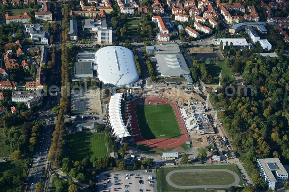 Aerial image Erfurt - Site for the reconstruction of the Arena stadium Steigerwaldstadion in Erfurt in Thuringia. The construction company Koester GmbH build after drafts of Architetur HPP Hentrich-Petschnigg & Partner GmbH + Co. KG a modern grandstand and sports facilities