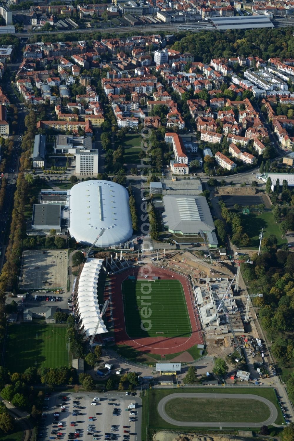 Aerial photograph Erfurt - Site for the reconstruction of the Arena stadium Steigerwaldstadion in Erfurt in Thuringia. The construction company Koester GmbH build after drafts of Architetur HPP Hentrich-Petschnigg & Partner GmbH + Co. KG a modern grandstand and sports facilities