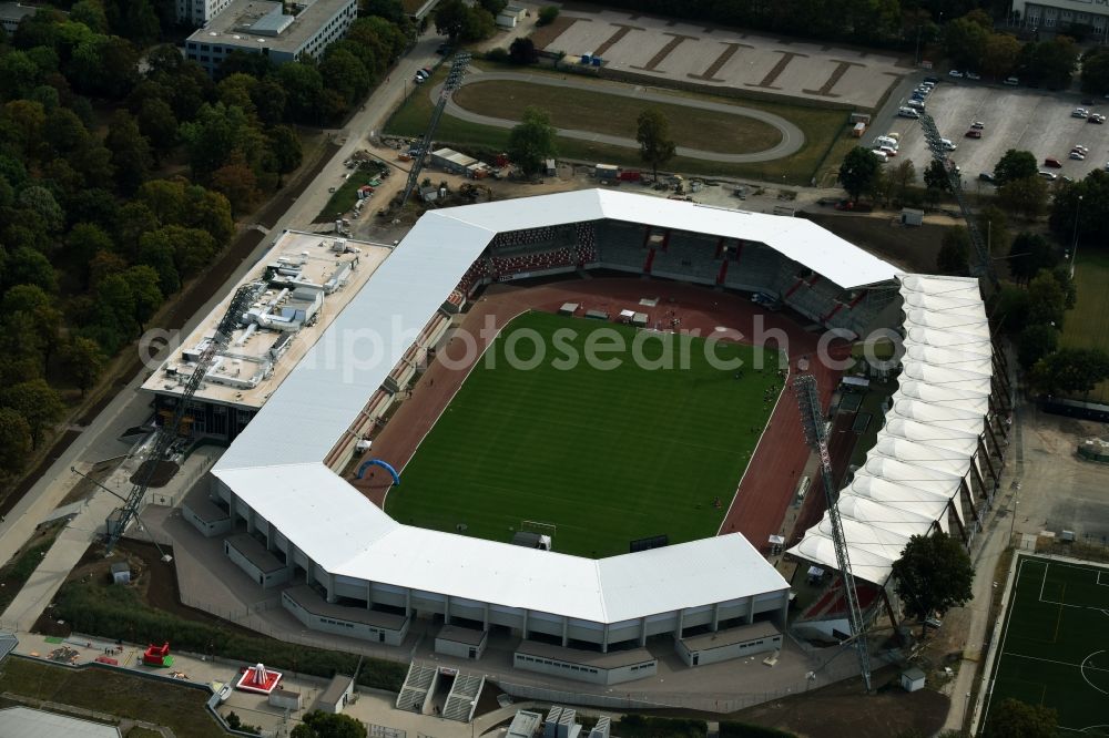 Erfurt from above - Site for the reconstruction of the Arena stadium Steigerwaldstadion in Erfurt in Thuringia. The construction company Koester GmbH build after drafts of Architetur HPP Hentrich-Petschnigg & Partner GmbH + Co. KG a modern grandstand and sports facilities