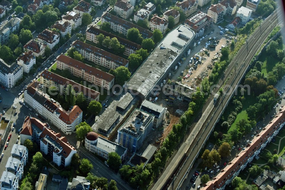 Leipzig from the bird's eye view: Construction site for the conversion and expansion of the listed old building buildings of the Bleichertwerke by CG Group AG in the district of Gohlis in Leipzig in the state of Saxony, Germany