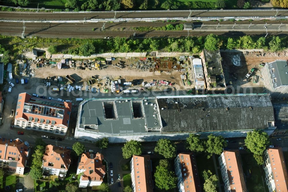 Aerial photograph Leipzig - Construction site for the conversion and expansion of the listed old building buildings of the Bleichertwerke by CG Group AG in the district of Gohlis in Leipzig in the state of Saxony, Germany