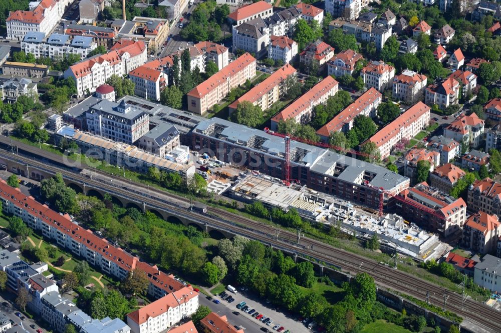Aerial image Leipzig - Construction site for the conversion and expansion of the listed old building buildings of the Bleichertwerke by CG Group AG in the district of Gohlis in Leipzig in the state of Saxony, Germany