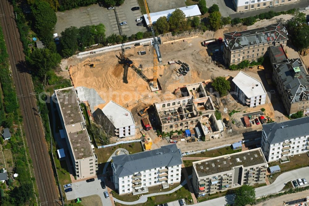 Dresden from above - Construction for the reconstruction and expansion of the old buildings listed building Ehemalige Arbeitsanstalt in of Koenigsbruecker Strasse in the district Albertstadt in Dresden in the state Saxony, Germany
