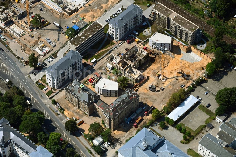 Aerial image Dresden - Construction for the reconstruction and expansion of the old buildings listed building Ehemalige Arbeitsanstalt in of Koenigsbruecker Strasse in the district Albertstadt in Dresden in the state Saxony, Germany