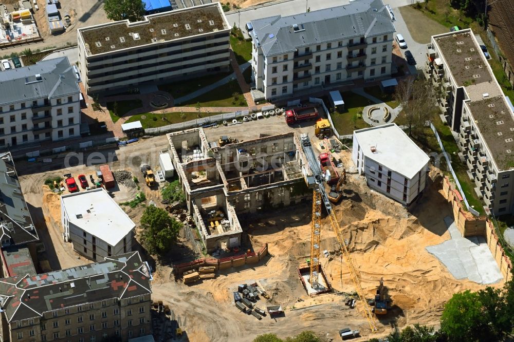 Aerial photograph Dresden - Construction for the reconstruction and expansion of the old buildings listed building Ehemalige Arbeitsanstalt in of Koenigsbruecker Strasse in the district Albertstadt in Dresden in the state Saxony, Germany