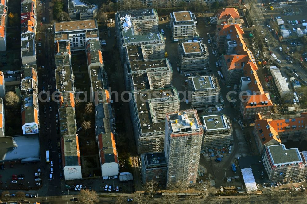 Aerial image Berlin - Construction for the reconstruction and expansion of the old buildings listed building on Mariendorfer Weg in the district Neukoelln in Berlin