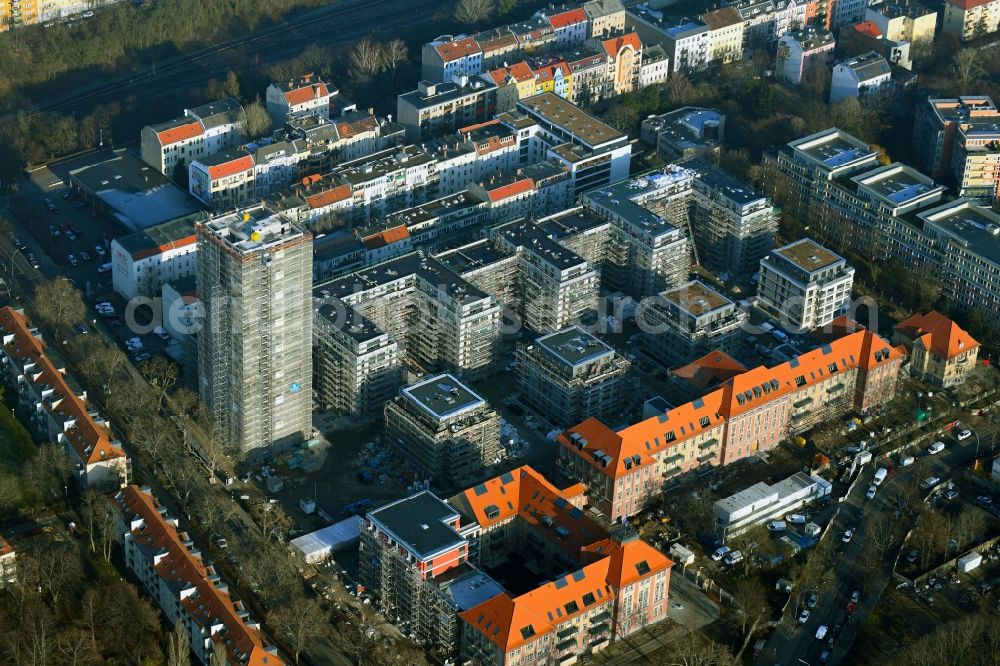 Berlin from the bird's eye view: Construction for the reconstruction and expansion of the old buildings listed building on Mariendorfer Weg in the district Neukoelln in Berlin