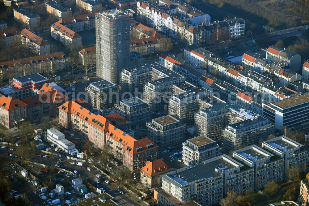 Aerial image Berlin - Construction for the reconstruction and expansion of the old buildings listed building on Mariendorfer Weg in the district Neukoelln in Berlin