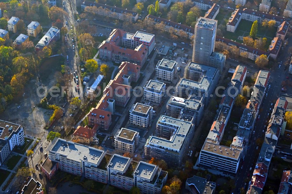 Berlin from above - Construction for the reconstruction and expansion of the old buildings listed building on Mariendorfer Weg in the district Neukoelln in Berlin