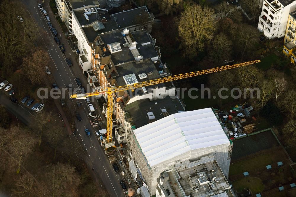 Hamburg from above - Construction for the reconstruction and expansion of the old buildings listed building on Schwanenwik in the district Uhlenhorst in Hamburg, Germany