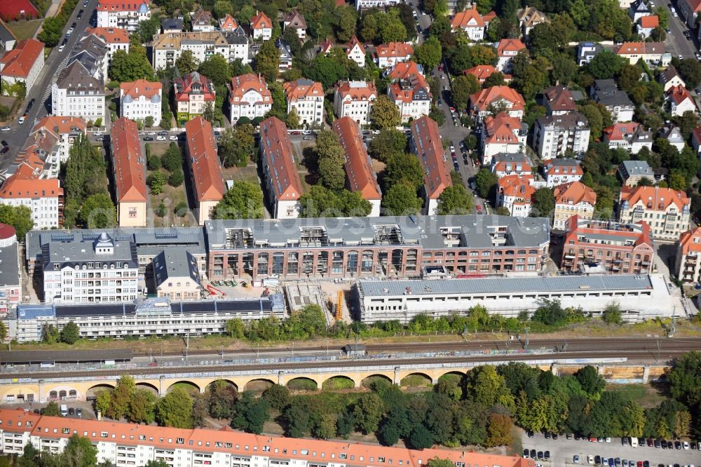 Aerial photograph Leipzig - Construction site for the conversion and expansion of the listed old building buildings of the Bleichertwerke in the district of Gohlis in Leipzig in the state of Saxony, Germany