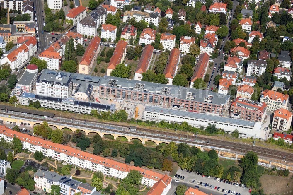 Leipzig from the bird's eye view: Construction site for the conversion and expansion of the listed old building buildings of the Bleichertwerke in the district of Gohlis in Leipzig in the state of Saxony, Germany
