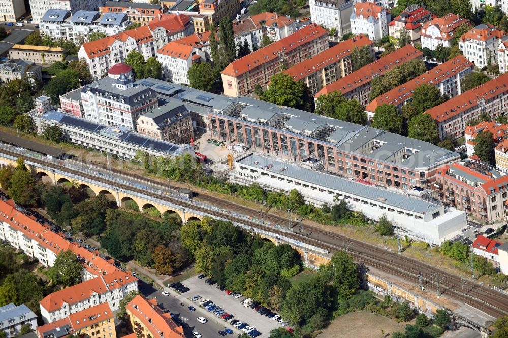Aerial image Leipzig - Construction site for the conversion and expansion of the listed old building buildings of the Bleichertwerke in the district of Gohlis in Leipzig in the state of Saxony, Germany