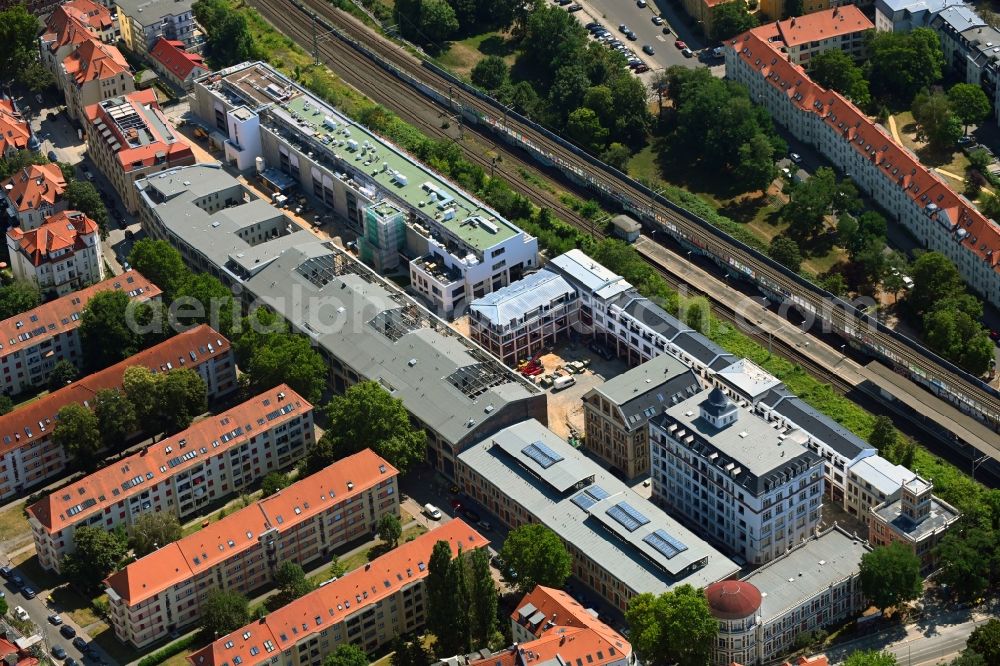Leipzig from above - Construction site for the conversion and expansion of the listed old building buildings of the Bleichertwerke in the district of Gohlis in Leipzig in the state of Saxony, Germany