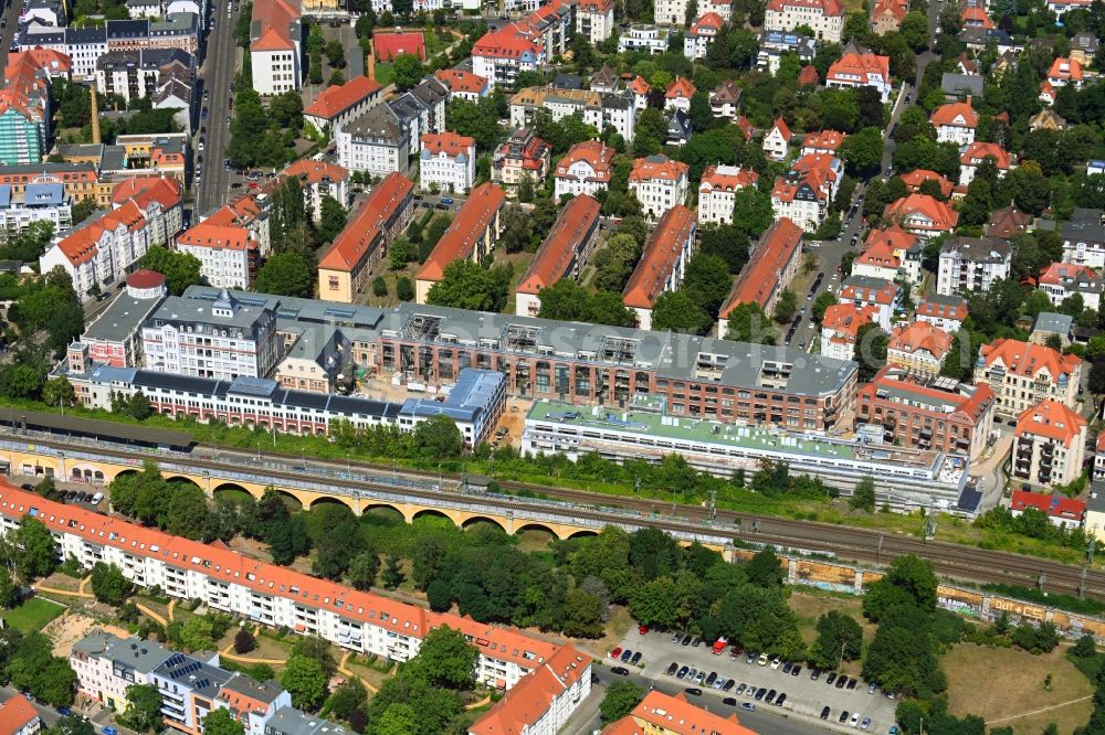 Aerial photograph Leipzig - Construction site for the conversion and expansion of the listed old building buildings of the Bleichertwerke in the district of Gohlis in Leipzig in the state of Saxony, Germany