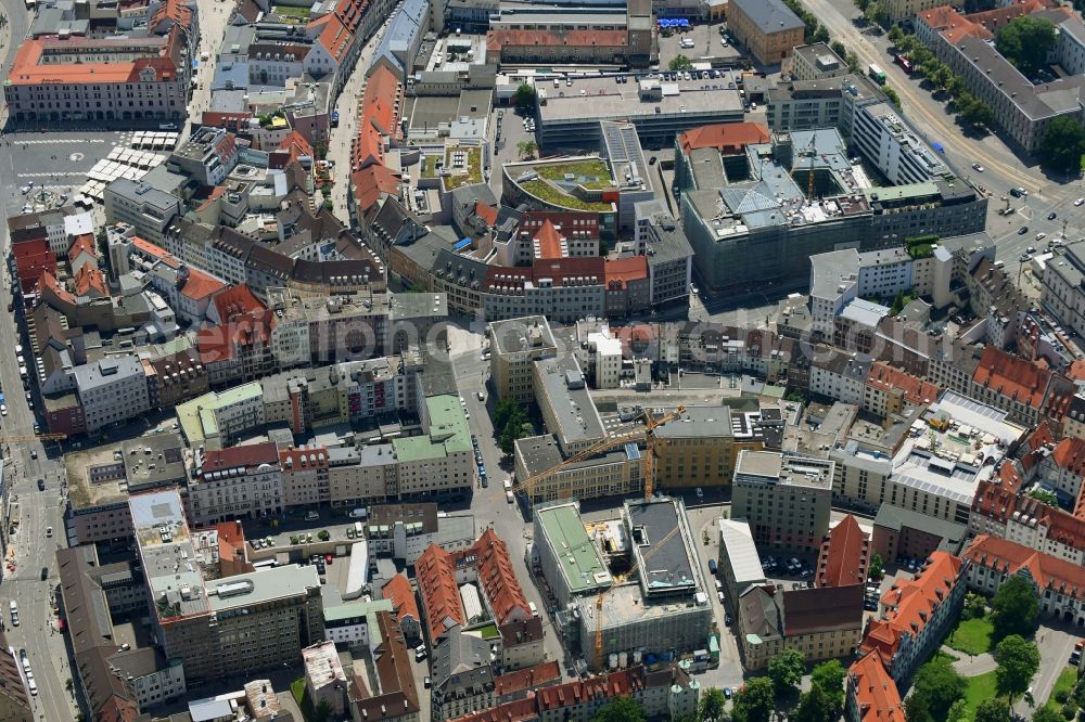 Augsburg from above - Construction site for the conversion of the office and commercial building on Hafnerberg - Johannisgasse in Augsburg in the federal state of Bavaria, Germany